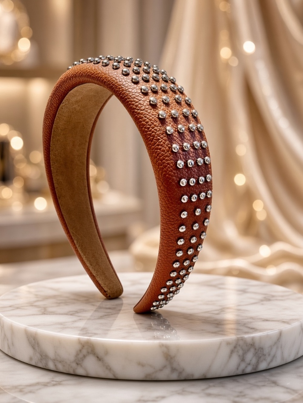 Studded Brown Leather Headband with Crystal Accents New Boutique